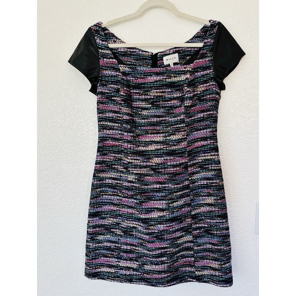 NWT Milly Metallic Tweed A Line Mini Dress Lamb Leather Short Sleeve Size 4 $495